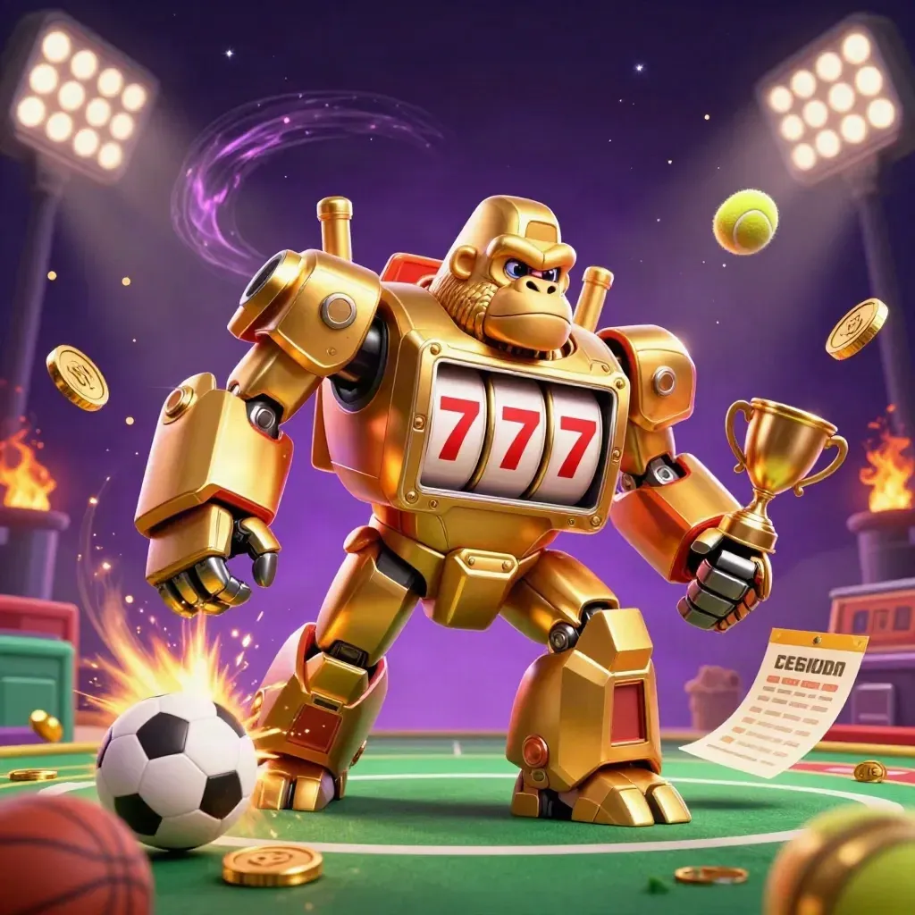 Golden gorilla mech with balls, coins, trophy, and glowing casino lights in a purple starfield