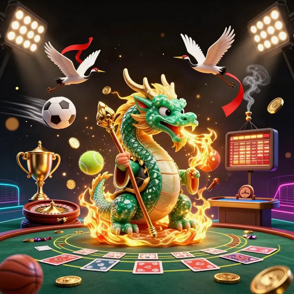 Emerald dragon, sage turtle, cranes, and casino props explode in a luxe black-gold hall