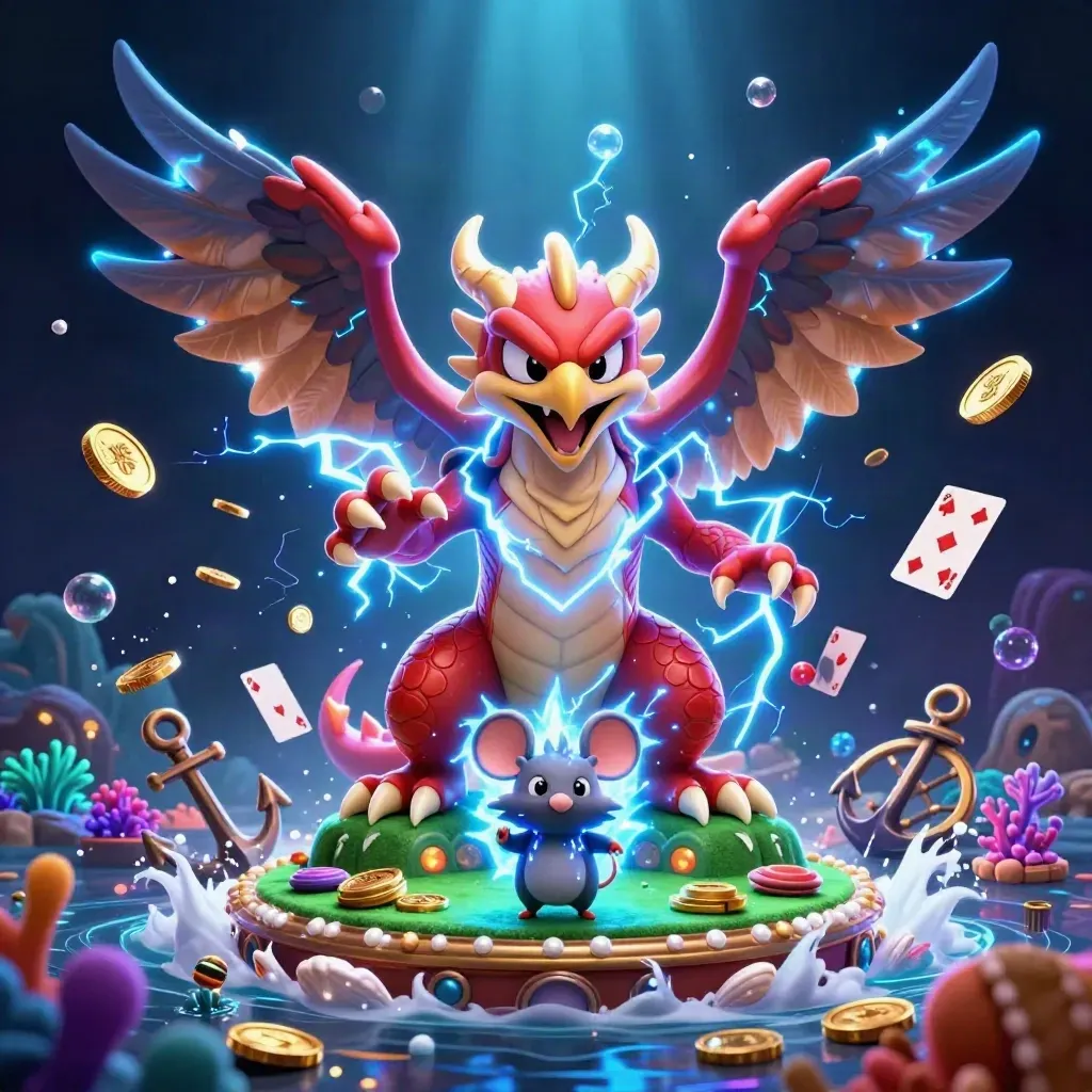 Thunder dragon, glowing hawk, and static mouse amid treasure, coral, coins, and bubbles.