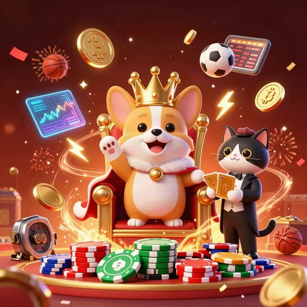 Royal corgi and cat butler amid exploding coins, crypto symbols, confetti, and fireworks.