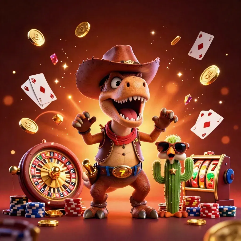 Cowboy T-Rex with cactus and roadrunner amid casino chips, coins, roulette wheel, and glowing slot reels