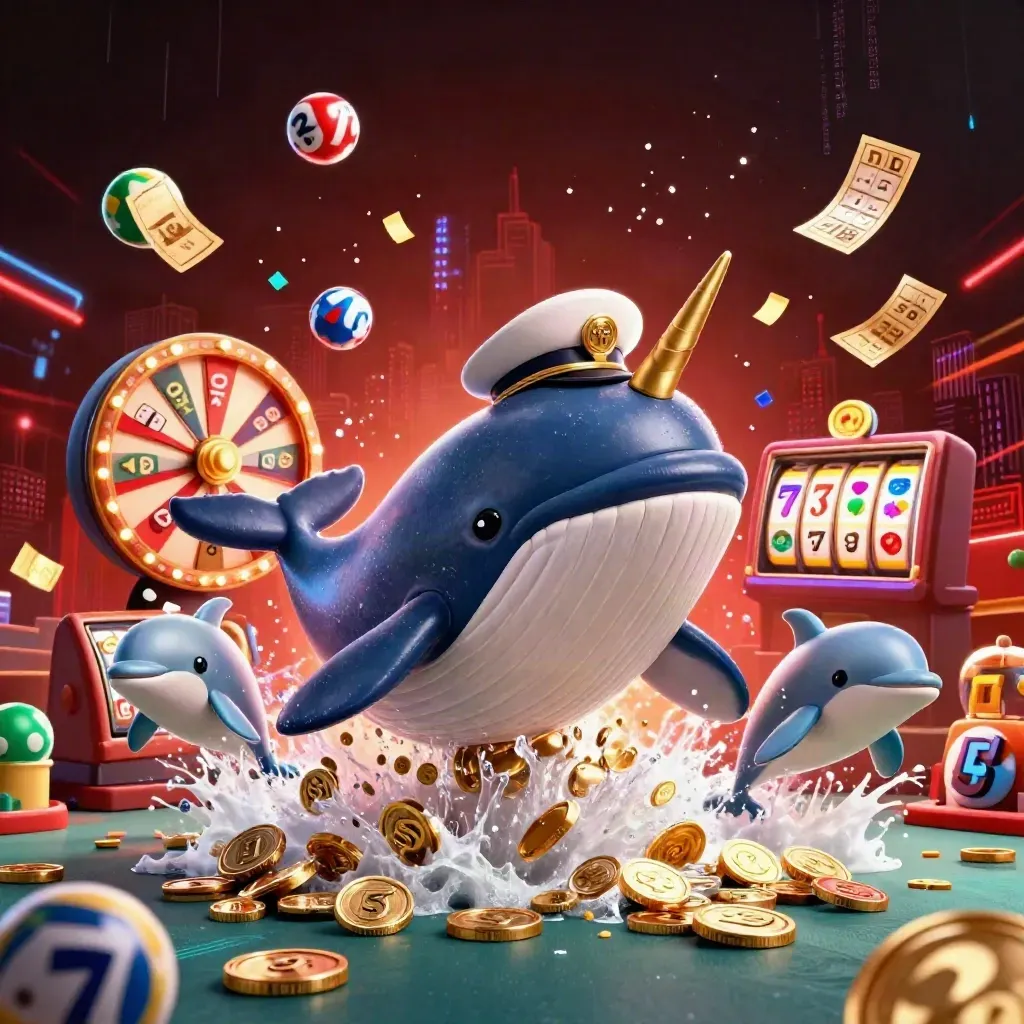 Whale captain, narwhal, and dolphins burst amid coins, wheels, balls, and glowing casino effects.