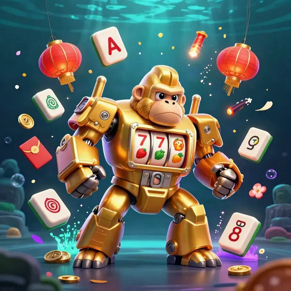 Golden gorilla slot mech with monkey pilot, casino props swirling in an underwater glow.