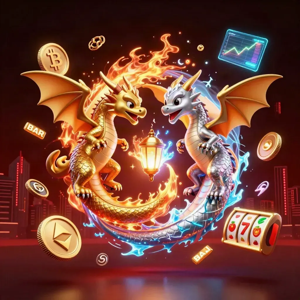 Gold and silver dragons spiral with coins, neon energy, and casino symbols in a dark luxe frame.